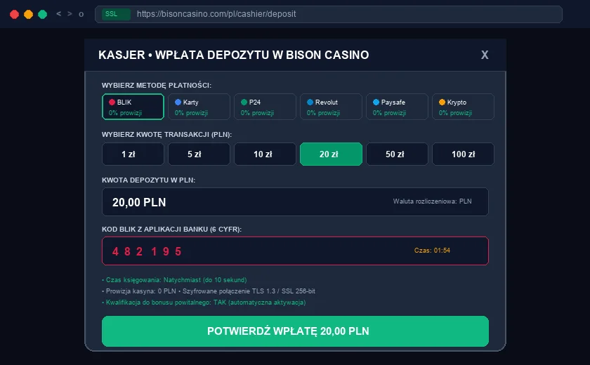 Bison casino :  kasjer i błyskawiczne wypłaty PLN