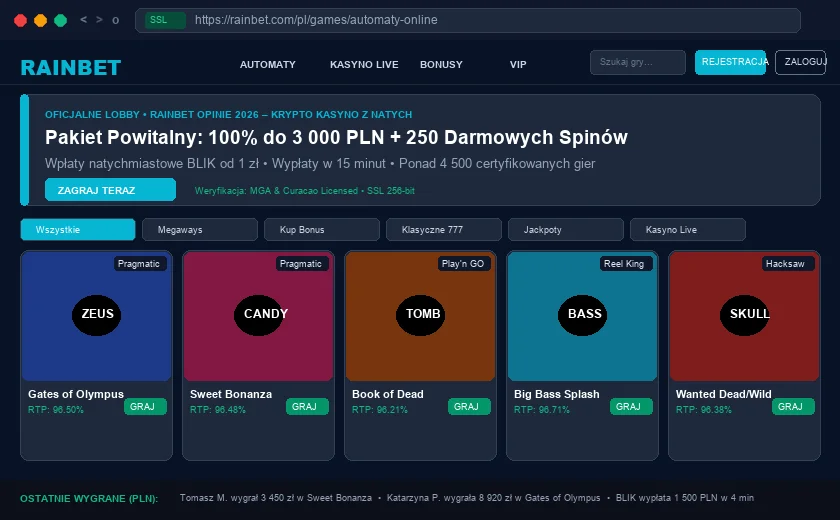Rainbet :  oficjalne lobby i gry w kasynie