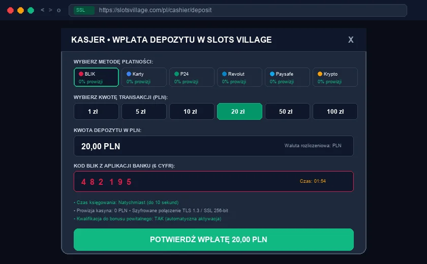 slots village casino :  kasjer i błyskawiczne wypłaty PLN